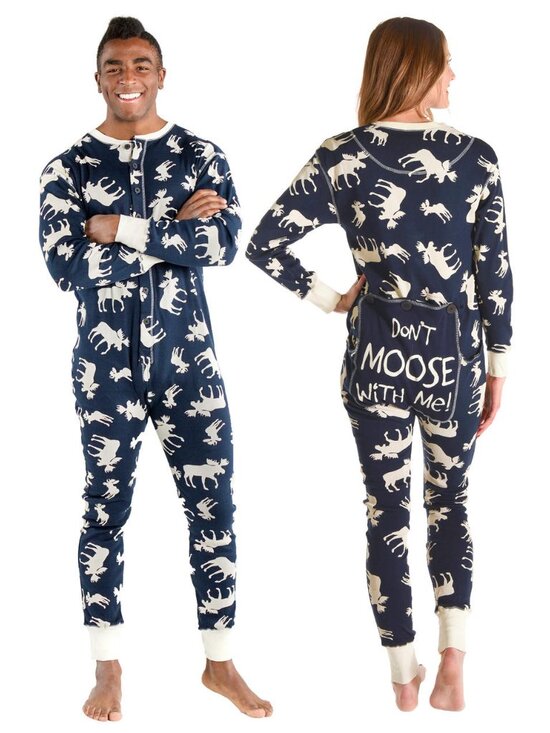 Lazy One Other - Lazy One Adult Unisex Classic Moose FlapJack Onesie Pajamas Navy Blue Tan Medium
